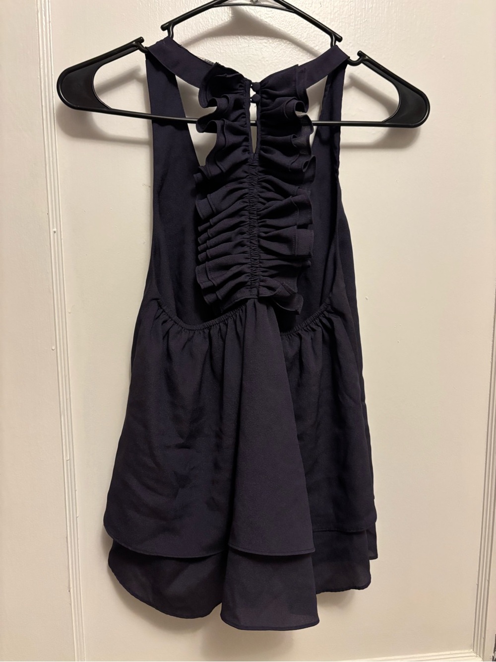 Naked Zebra Navy Blue Ruffled Racerback Layered Flowy Blouse Small - Picture 3 of 4